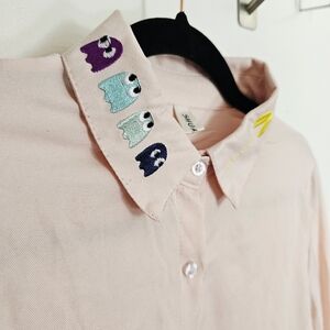Pacman Embroidered Collar Womens Pastel Pink Arcade Kawaii Button-Up Shirt
